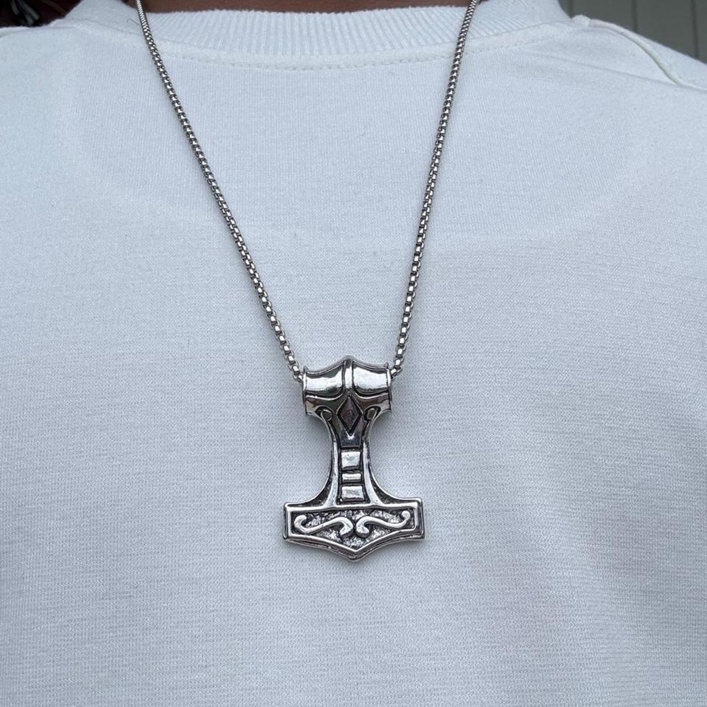 Silver Thor Hammer Mjolnir Pendant Necklace Norse Jewelry 24 Inch Chain Mens